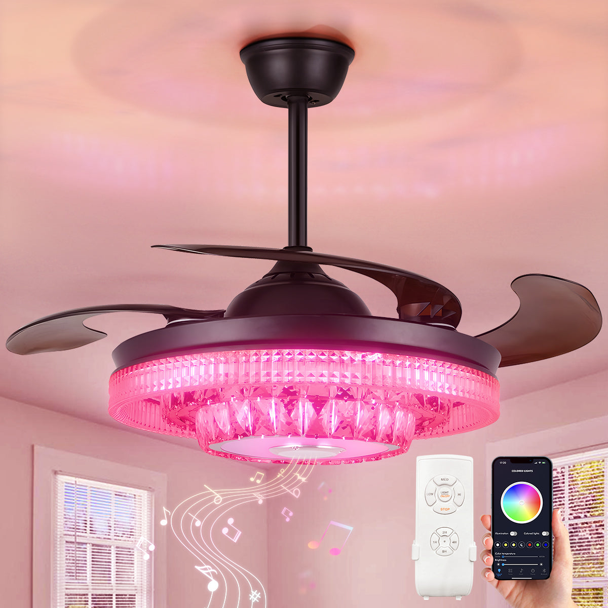 42" Modern Variable Frequency Crystal Ceiling Fan with Light DS-FH15