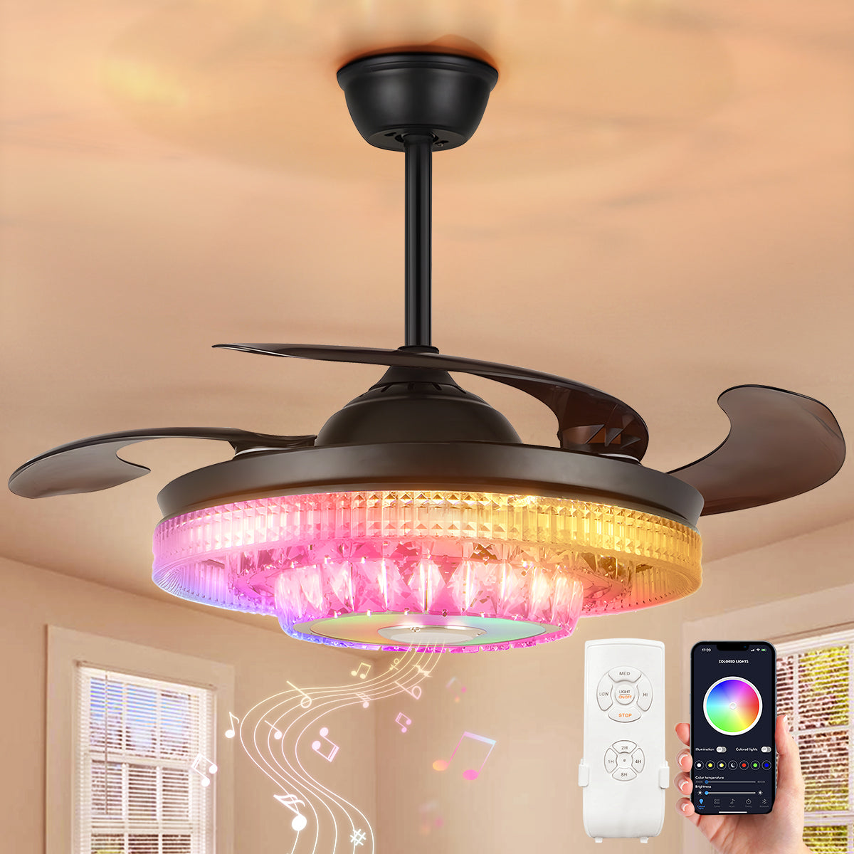 42" Modern Variable Frequency Crystal Ceiling Fan with Light DS-FH15