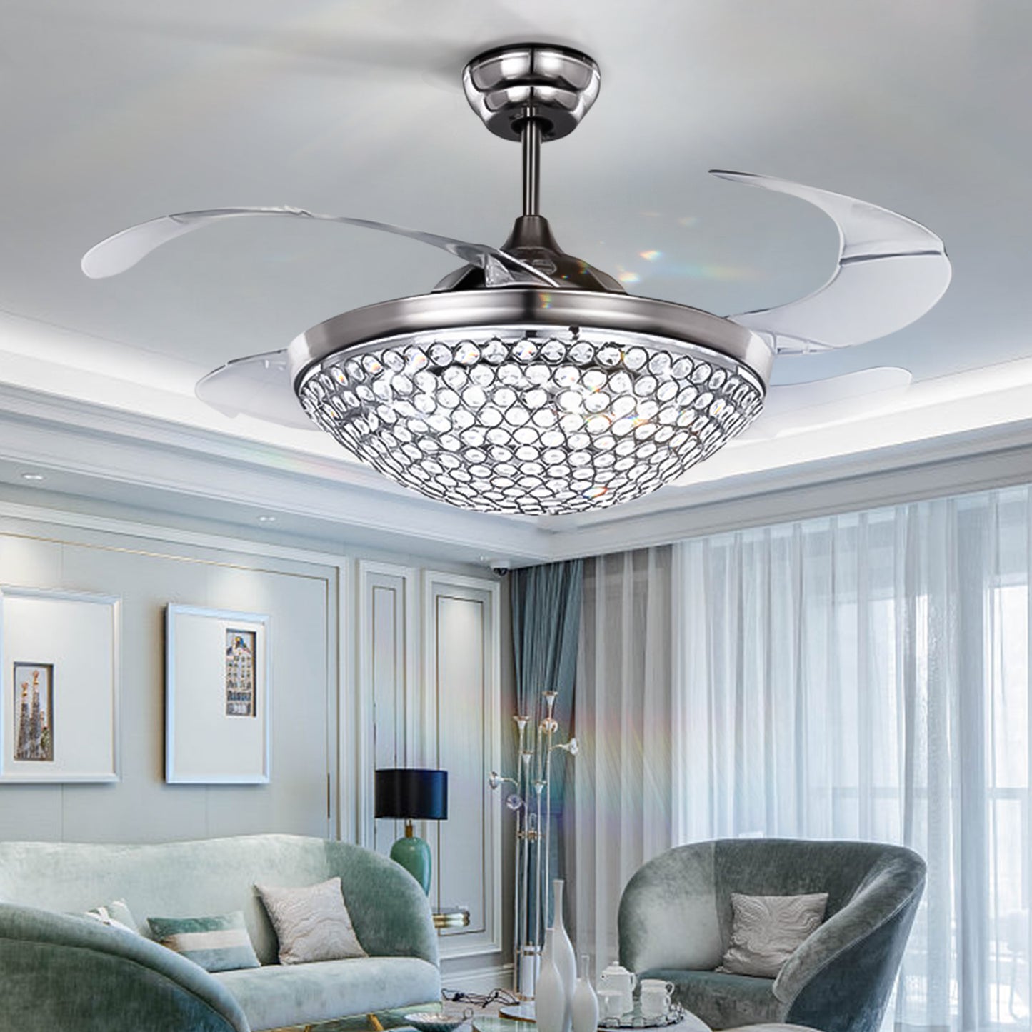 42" Silver Crystal Stealth Ceiling Fan with Light DS-FM75