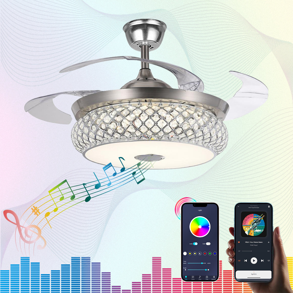 42" Silver Living Room Bluetooth Invisible Ceiling Fan with Light DS-FH42