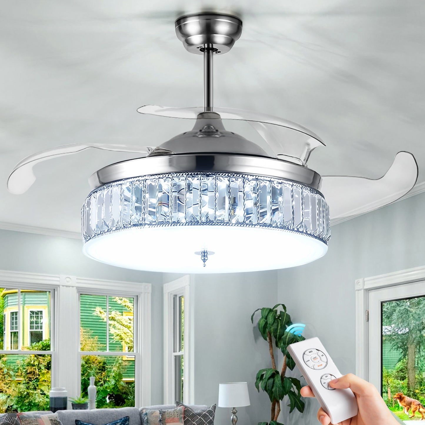 36" Silver Crystal Fan Chandelier DS-LN106