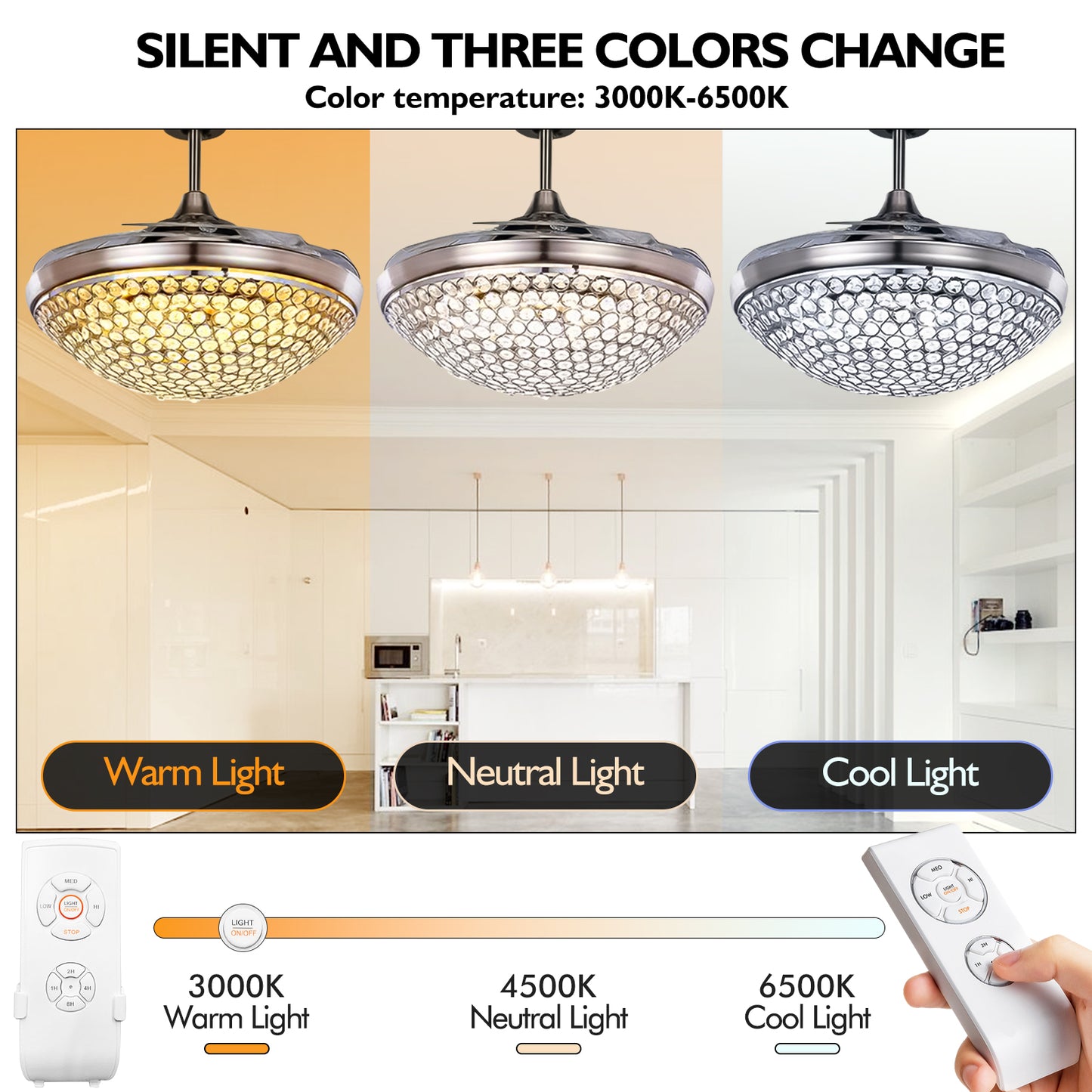 42" Silver Crystal Stealth Ceiling Fan with Light DS-FM75