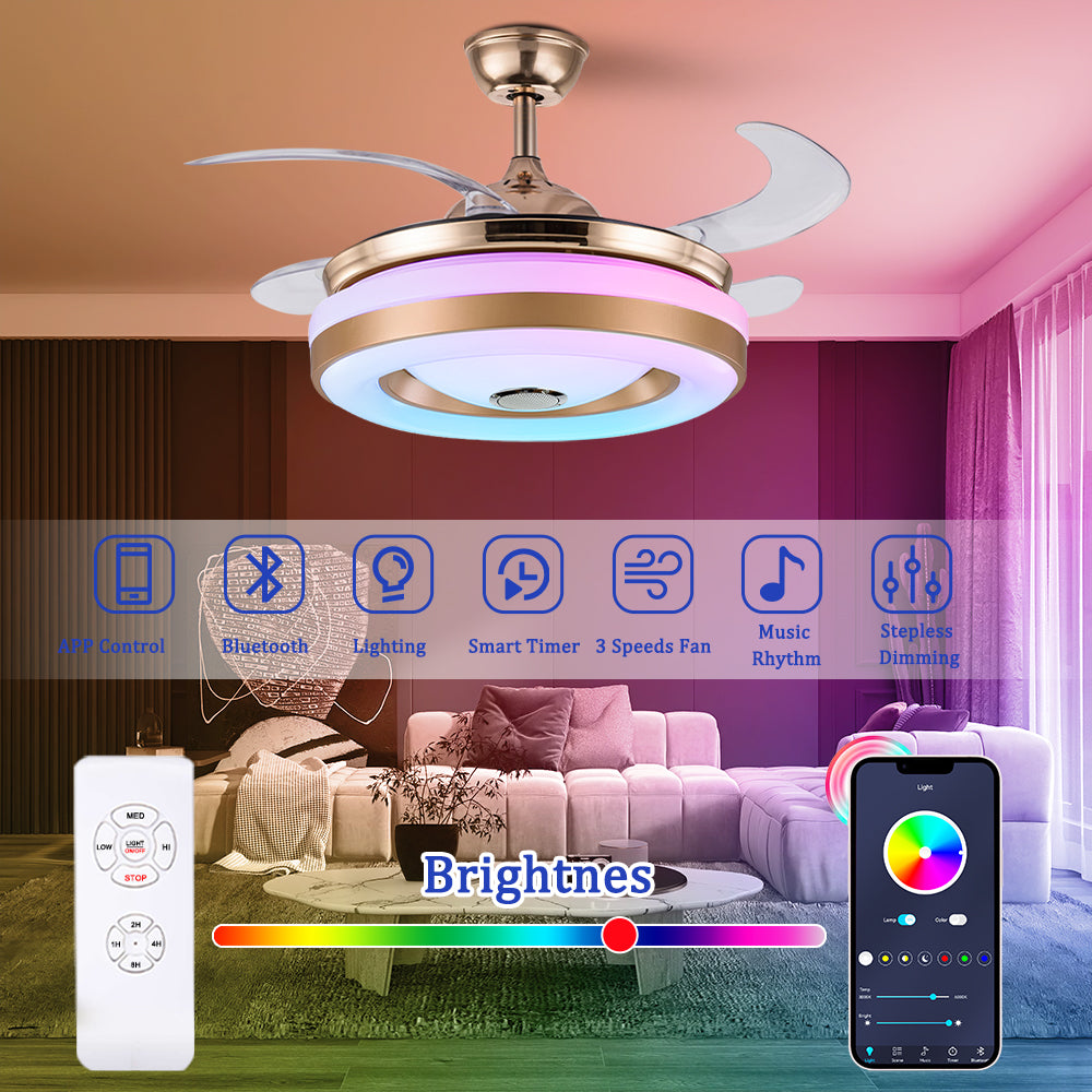 42" Modern Invisible Colorful Bluetooth Music Ceiling Fan with Light DS-FZ149
