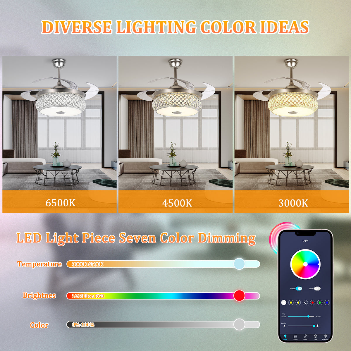 42" Silver Living Room Bluetooth Invisible Ceiling Fan with Light DS-FH42