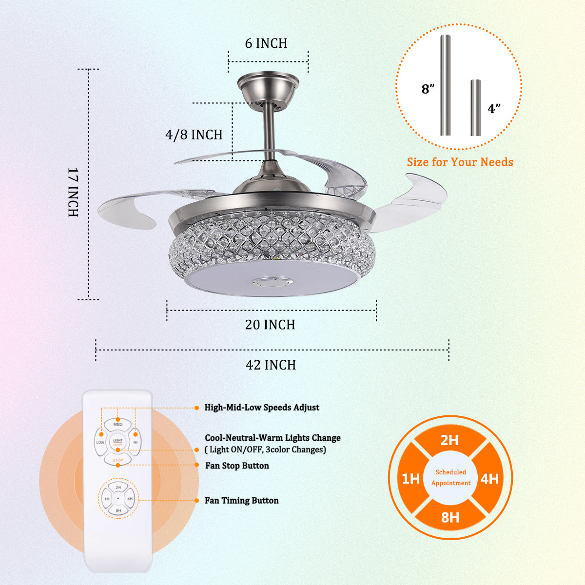 42" Silver Living Room Bluetooth Invisible Ceiling Fan with Light DS-FH42