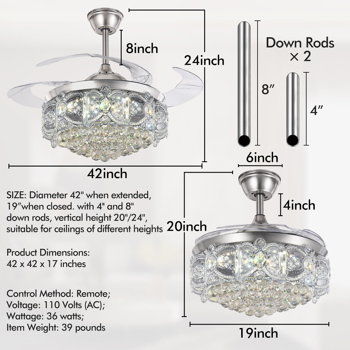 42" Silver Crystal Celing Fan with LED Lights DS-FH41
