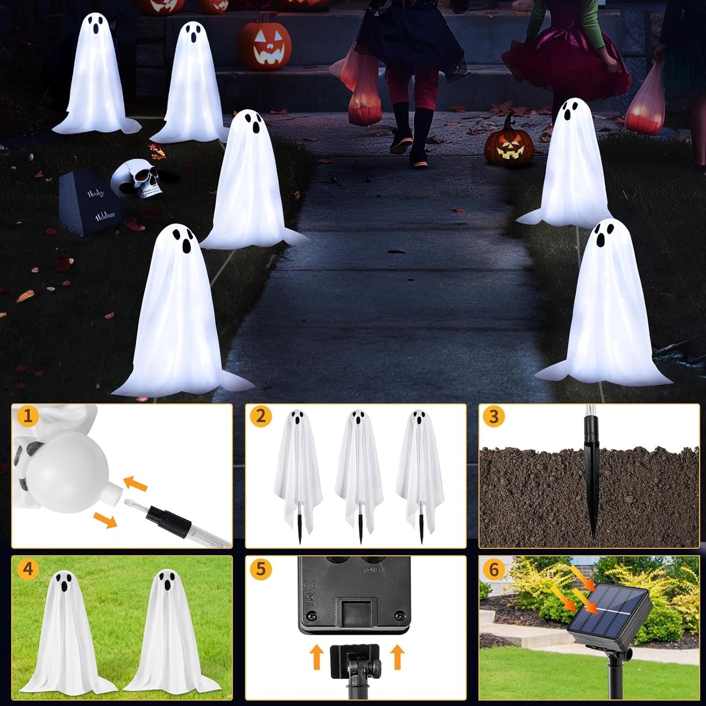 6 PackSolar Small Ghost String Stake Lights White Small Cloth Ghost Stakes with 8 Lighting Modes and Waterproof Outdoor Garden/Yard Path Lights