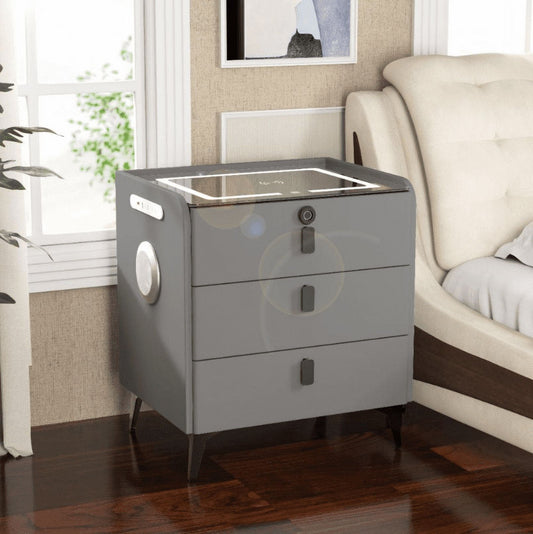 Smart Three-Drawer Bedside Cabinet - Dark Grey with Bluetooth Speaker & Wireless Charging
