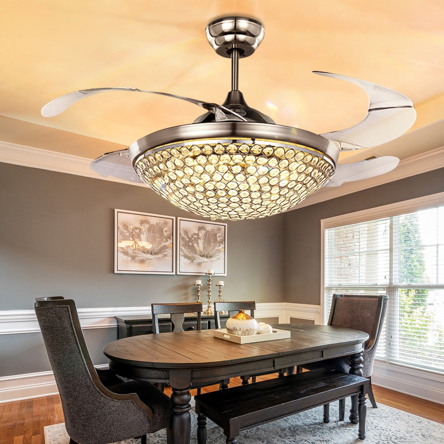 42" Silver Crystal Stealth Ceiling Fan with Light DS-FM75