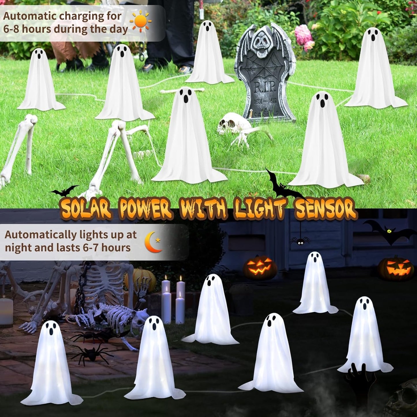 6 PackSolar Small Ghost String Stake Lights White Small Cloth Ghost Stakes with 8 Lighting Modes and Waterproof Outdoor Garden/Yard Path Lights