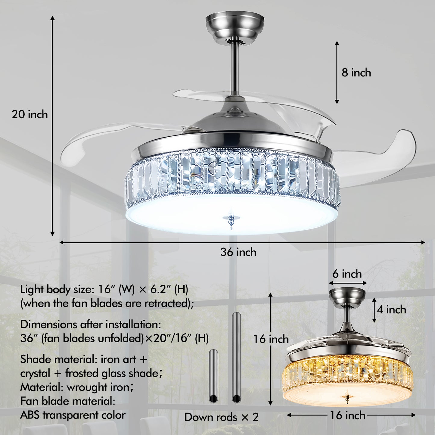 36" Silver Crystal Fan Chandelier DS-LN106