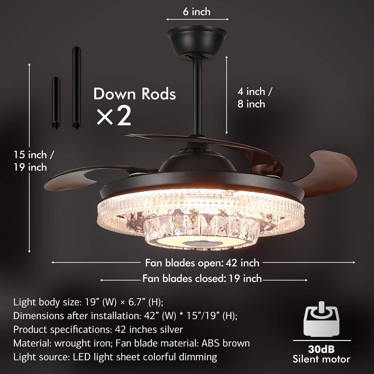 42" Modern Variable Frequency Crystal Ceiling Fan with Light DS-FH15