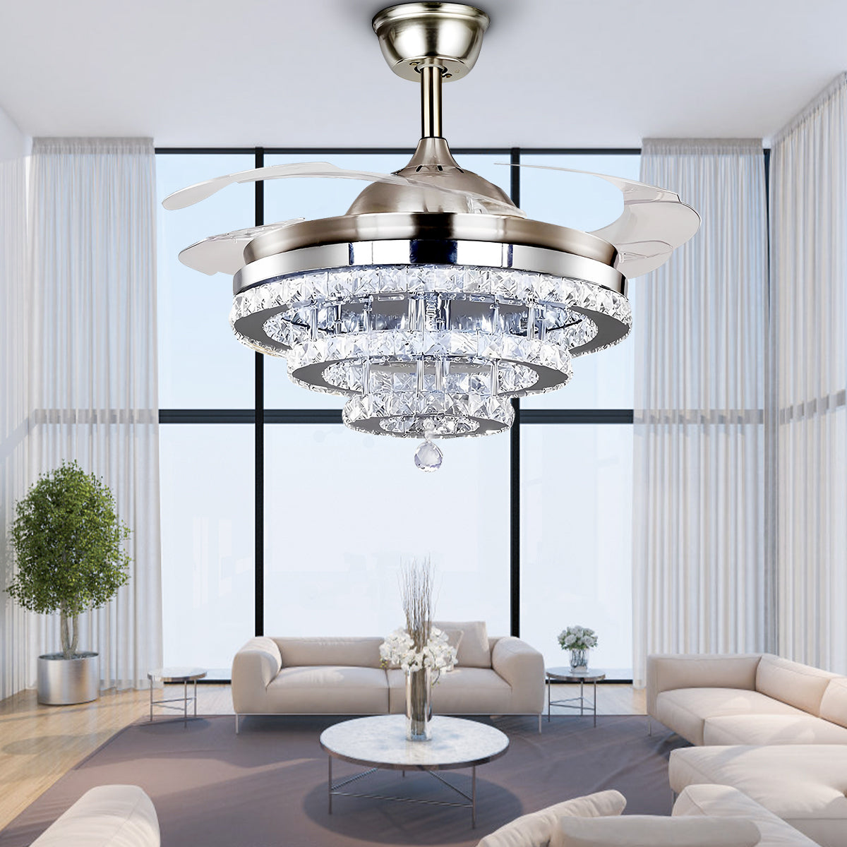 42" Silver Crystal Fan Chandelier DS-FZ103