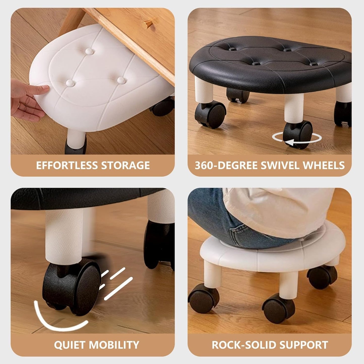 Mobile Low Rolling Stool with ABS Plastic Surface & 360° Swivel Wheels