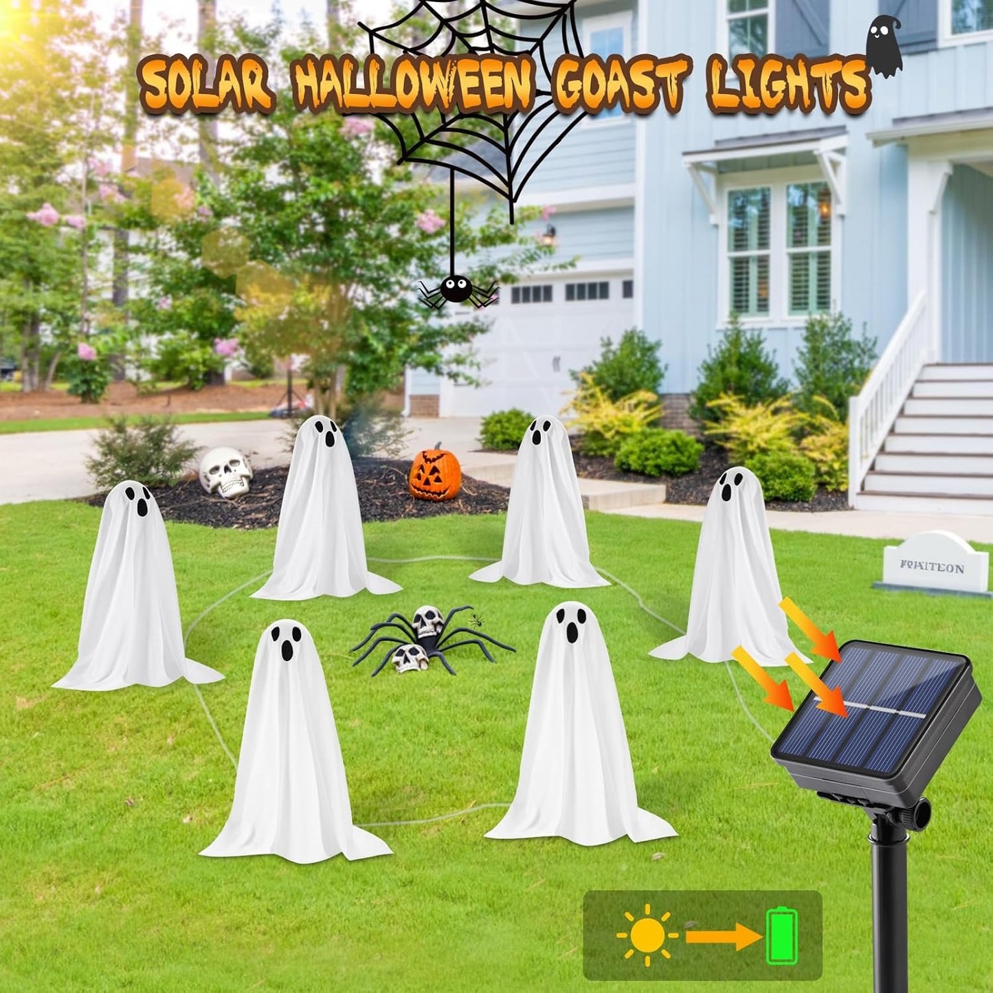 6 PackSolar Small Ghost String Stake Lights White Small Cloth Ghost Stakes with 8 Lighting Modes and Waterproof Outdoor Garden/Yard Path Lights