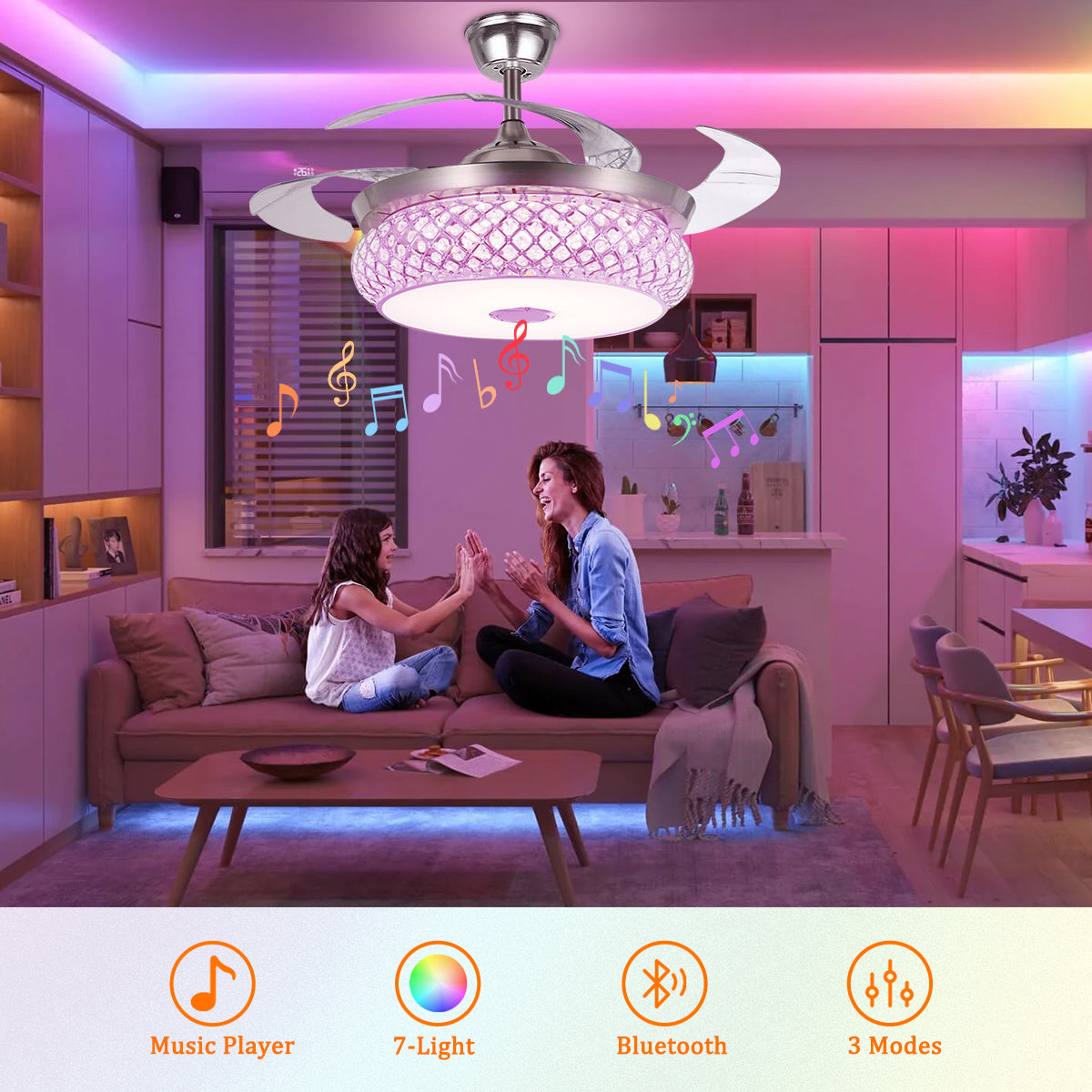 42" Silver Living Room Bluetooth Invisible Ceiling Fan with Light DS-FH42