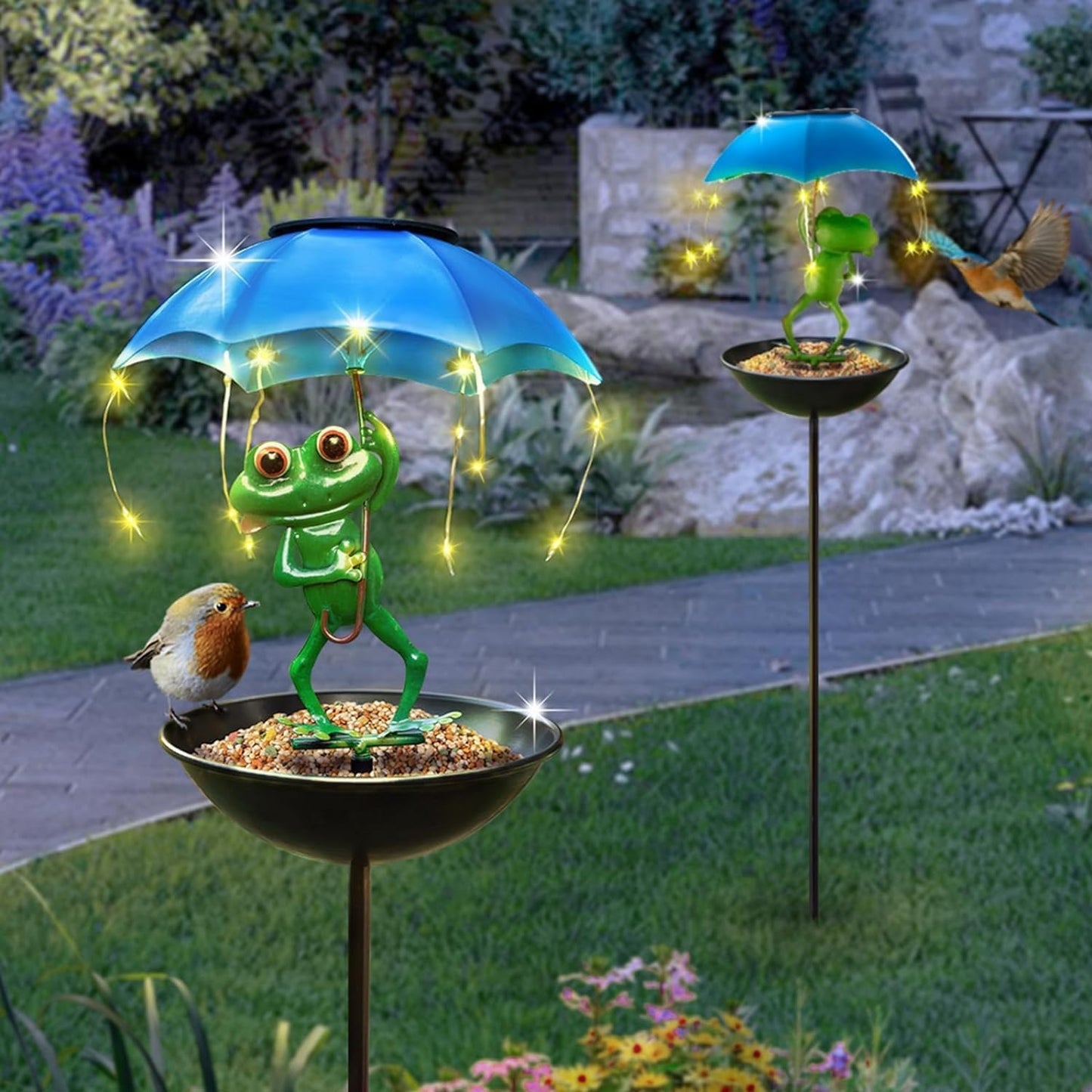 Solar Bird Feeder Frog Garden Decor Hummingbird Feeder Decorative Path Lights Gardening Gifts for Women, Yard Art Ornament Bird Feeder