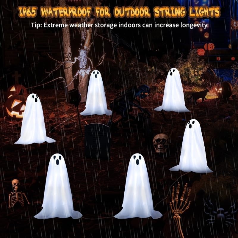 6 PackSolar Small Ghost String Stake Lights White Small Cloth Ghost Stakes with 8 Lighting Modes and Waterproof Outdoor Garden/Yard Path Lights