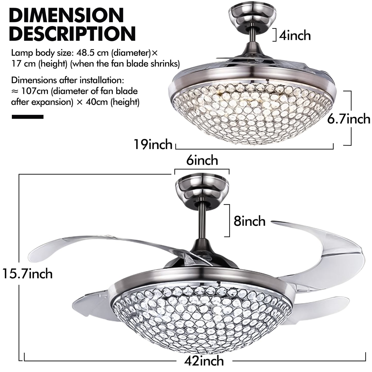 42" Silver Crystal Stealth Ceiling Fan with Light DS-FM75