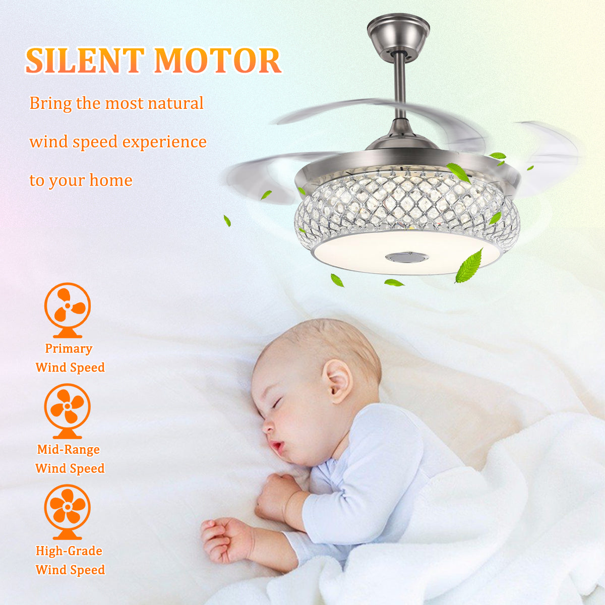 42" Silver Living Room Bluetooth Invisible Ceiling Fan with Light DS-FH42