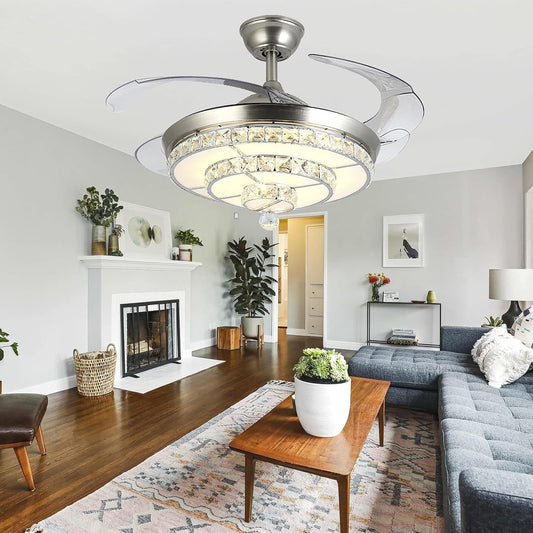 42 inch Modern Crystal Ceiling Fans Lights with Remote, Retractable Crystal Chandelier Ceiling Fan Lights