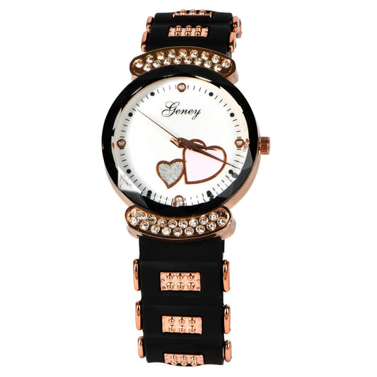 Black Women's Diamond Wristwatch Analog Quartz Wrist Watch for Ladies Silicone Band