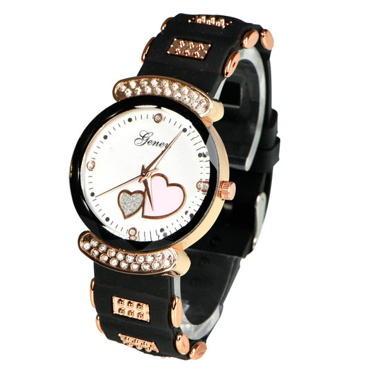 Black Women's Diamond Wristwatch Analog Quartz Wrist Watch for Ladies Silicone Band