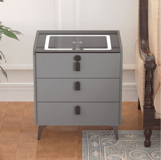 Smart Three-Drawer Bedside Cabinet - Dark Grey with Bluetooth Speaker & Wireless Charging