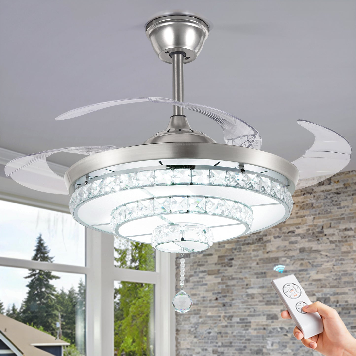 BIGBANBAN Crystal Ceiling Fan with Light and Remote Brush Nickel ELT286