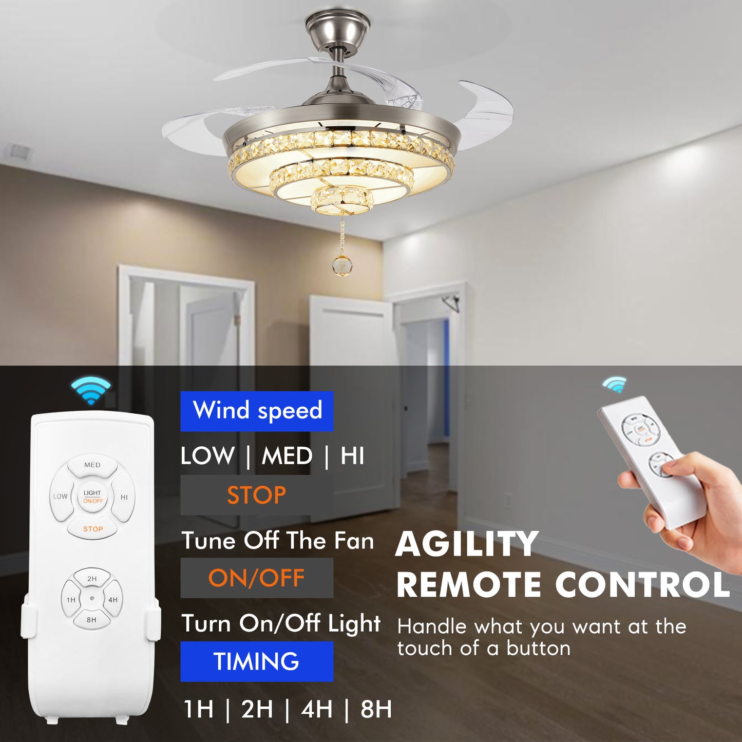 BIGBANBAN Crystal Ceiling Fan with Light and Remote Brush Nickel ELT286