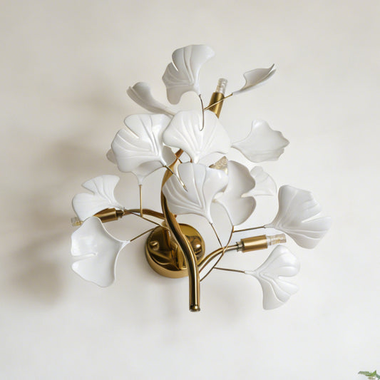 Modern Ginkgo Leaf Wall Sconce - White Ceramic & Gold Metal 3-Light G9 Wall Lamp (Incl 3-Color LED Light Source