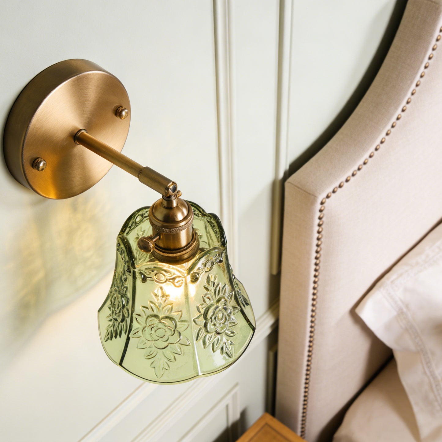 Vintage Floral Green Glass Wall Sconce - Brushed Brass Adjustable Angle E26 Wall Lamp