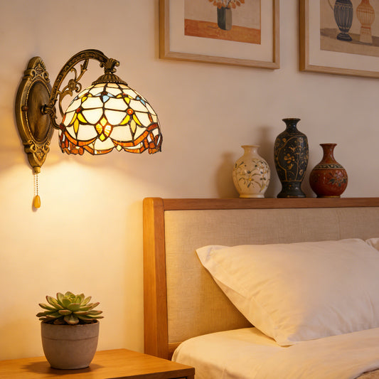 Vintage Stained Glass Wall Sconce - Decorative Pull Chain Wall Lamp with Bronze Metal Arm, E26 Socket, Stained Glass Shade(Bulb Not Included)