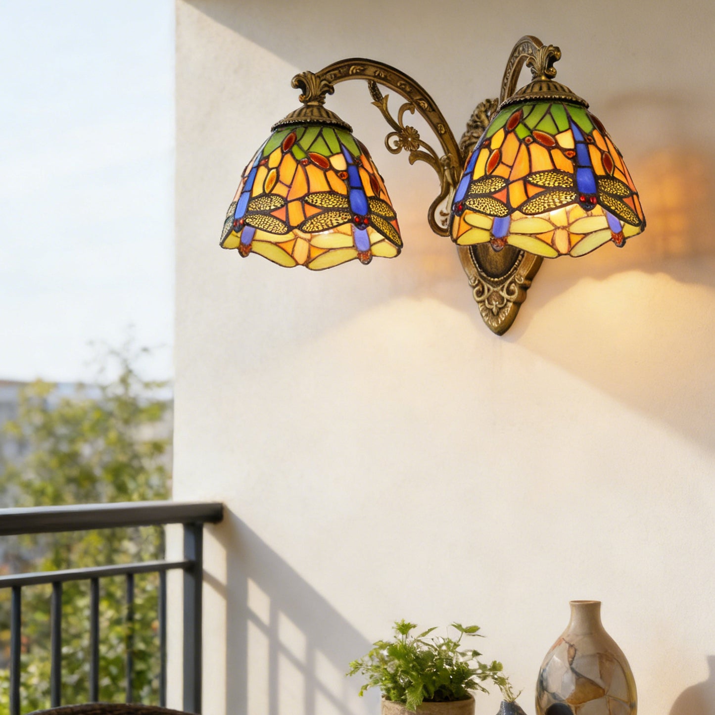 Tiffany Style Dragonfly Stained Glass 2-Light Wall Sconce - Antique Bronze Double E26 Wall Lamp