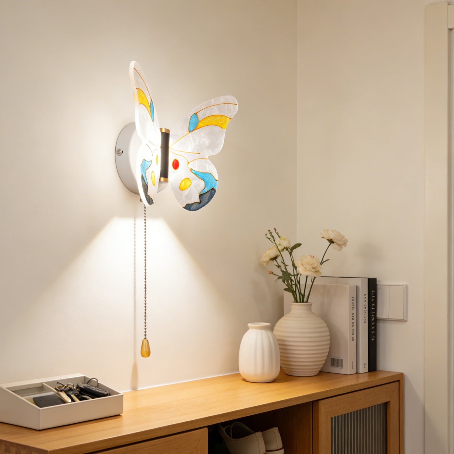 Colorful Butterfly LED Wall Sconce - 3-Color Dimmable Pull Chain Wall Light