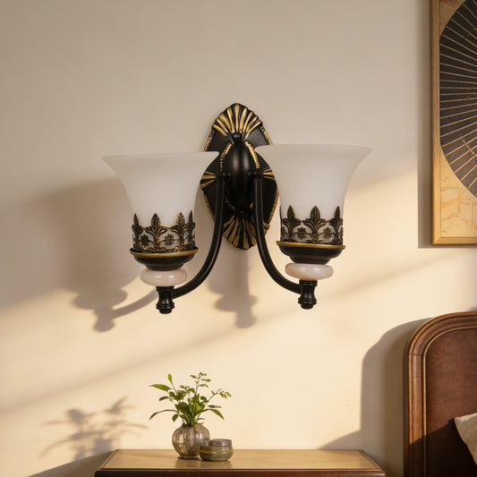 Vintage Double Light Wall Sconce - Antique Metal & Frosted Glass Wall Lamp