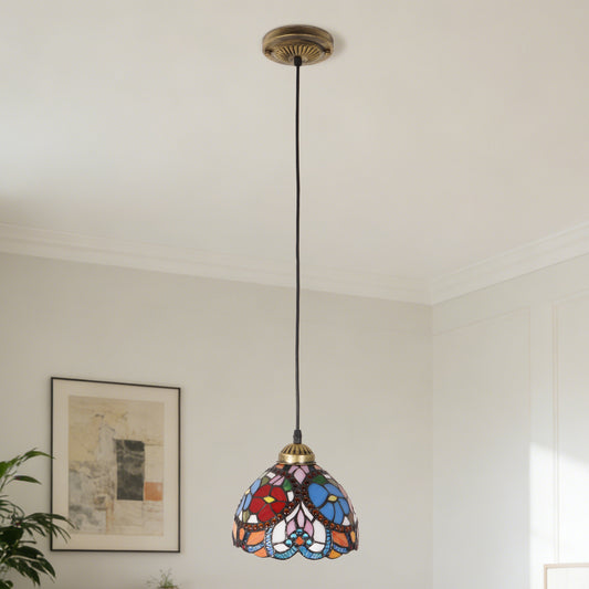 Vintage Stained Glass Floral Pendant Light - Tiffany Style Mini Ceiling Lamp