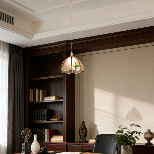 Vintage Tiffany Style Green Four-Leaf Clover Glass Pendant Light - Single Light Adjustable Copper Finish Hanging Lamp