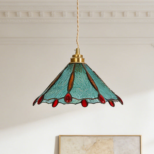 Stained Glass Pendant Light, Turquoise & Red Decorative Hanging Lamp with Adjustable Cord, Copper Finish Ceiling Fixture for Kitchen Island Dining Room Bedroom (E26 Base Compatible)