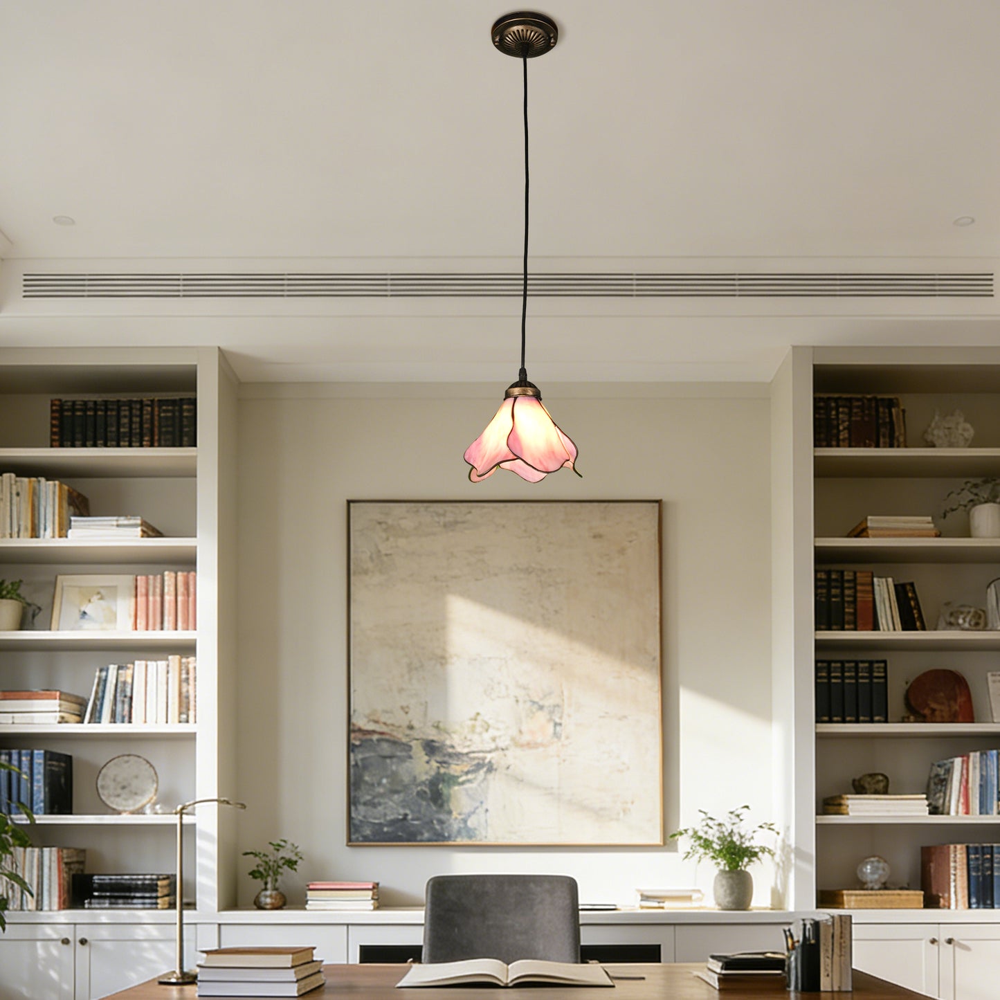 Vintage Pink Flower Tiffany Stained Glass Pendant Light - Floral Shade Adjustable Ceiling Lamp