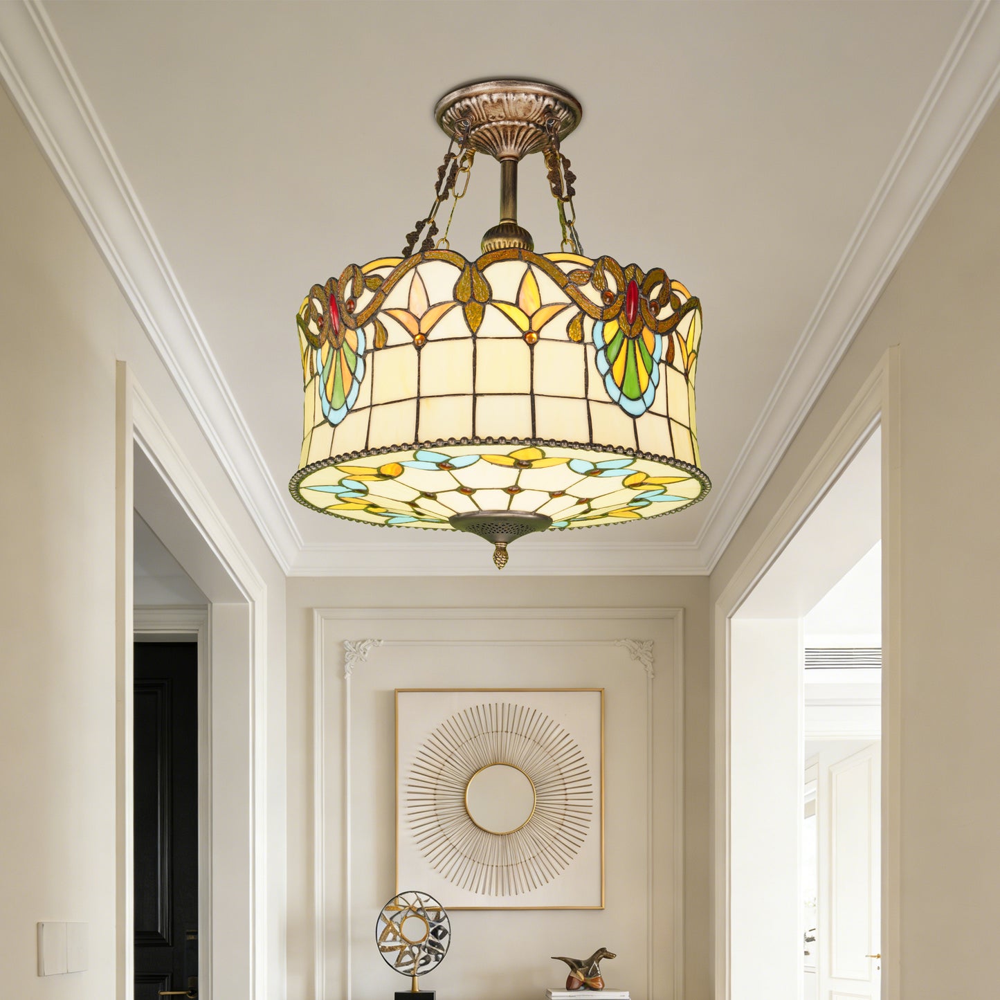Floral Stained Glass Semi Flush Mount Ceiling Light - Antique Bronze 5-Light E26 Ceiling Lamp