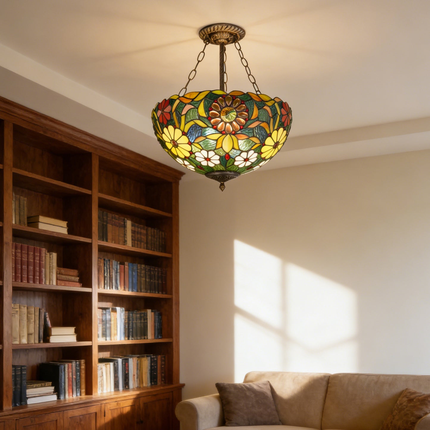 Tiffany Style Floral Stained Glass Semi Flush Mount Ceiling Light - Green Botanical Pattern Antique Bronze 3-Light E26 Pendant Lamp