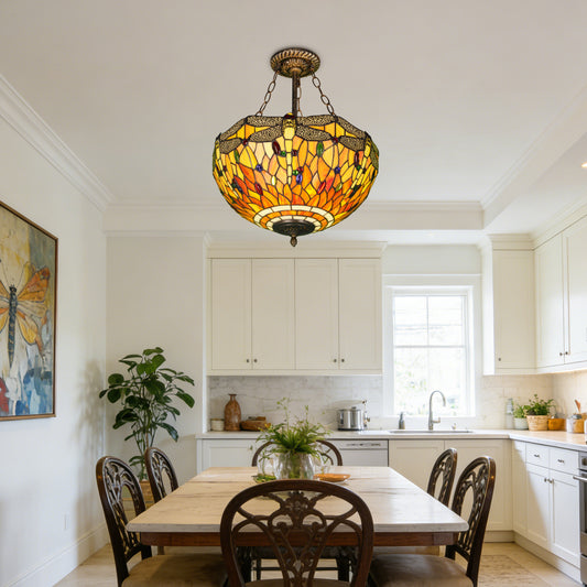 Dragonfly Stained Glass Semi Flush Mount Ceiling Light - Antique Bronze 3-Light E26 Pendant Lamp