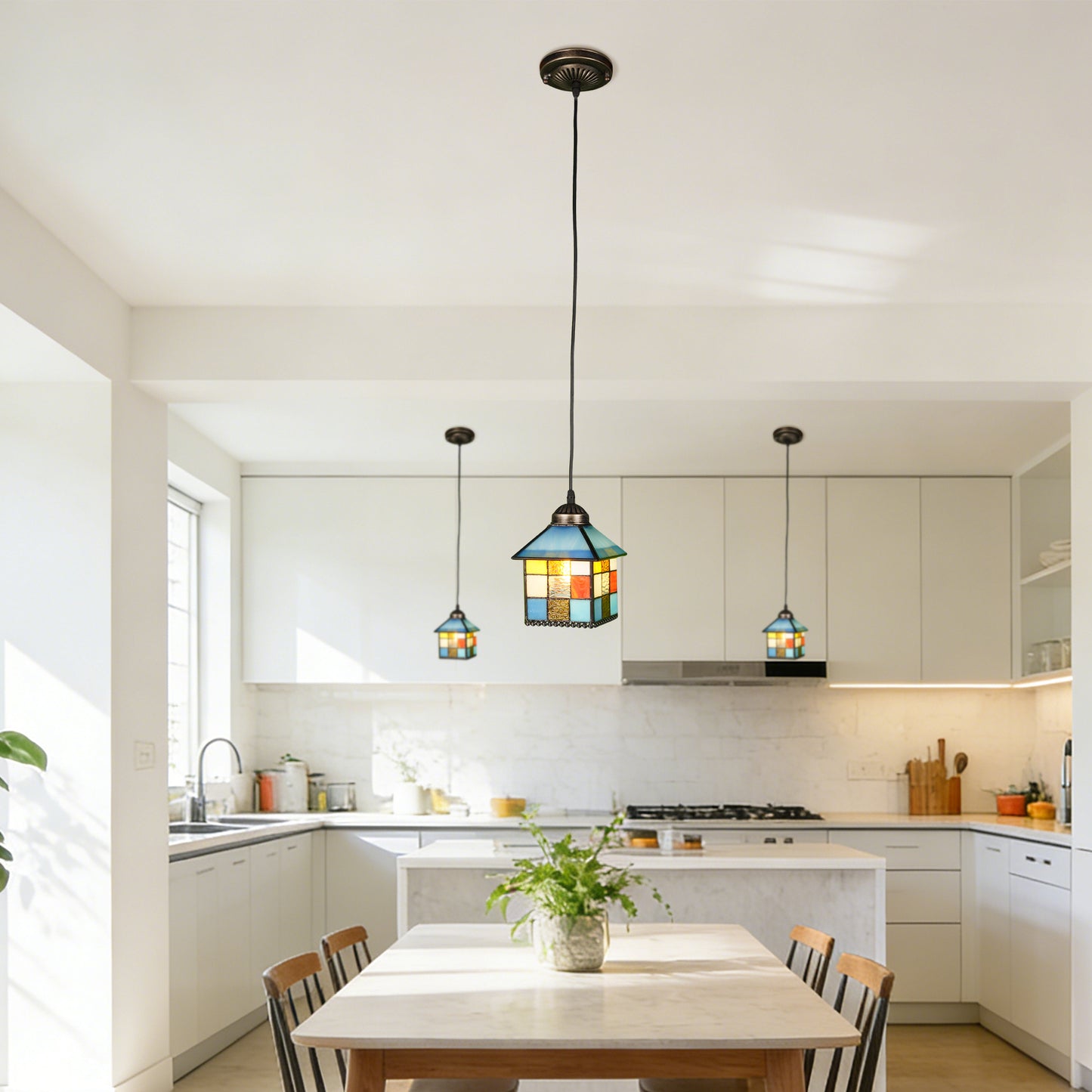 House-Shaped Stained Glass Mini Pendant Light - Adjustable 1-Light E26 Pendant Lamp