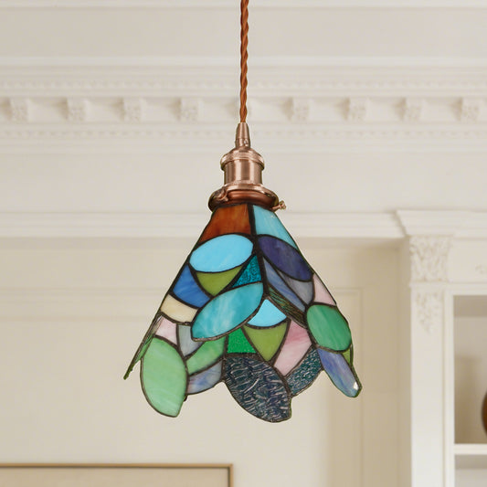 Leaf Stained Glass Mini Pendant Light - Antique Bronze Adjustable 1-Light E26 Pendant Lamp Bulb Not Included
