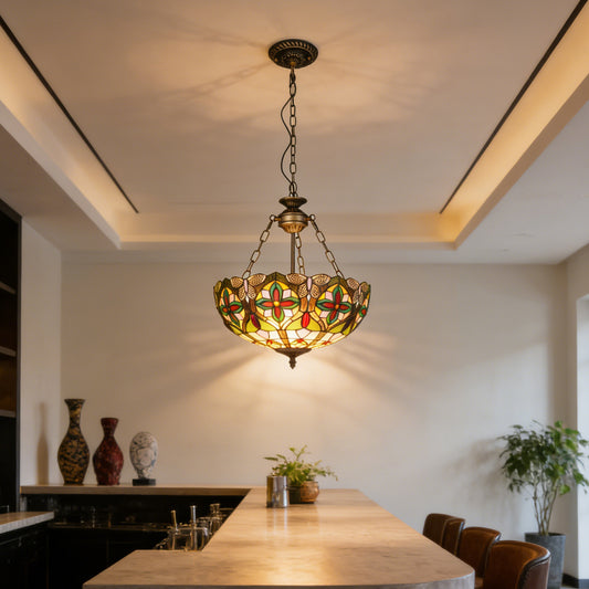 Dragonfly Floral Stained Glass Pendant Light - Antique Bronze Adjustable 3-Light E26 Lamp Bulb Not Included