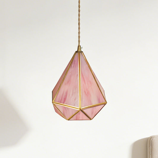 Pink Geometric Stained Glass Mini Pendant Light - Copper Adjustable 1-Light E14 Lamp (3-Color Light Source