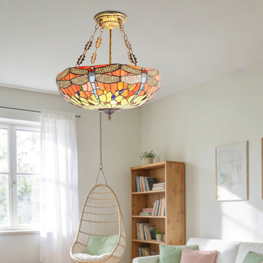 Dragonfly Stained Glass Pendant Light - Antique Bronze 5-Light Semi-Flush Mount Chandelie