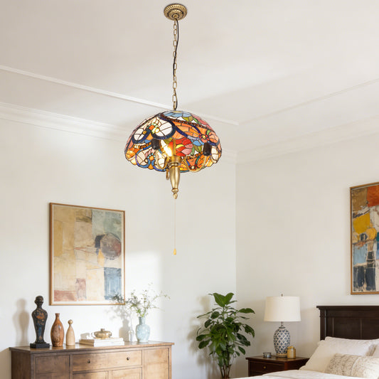 Vintage Stained Glass Pendant Light, 3-Light Semi Flush Mount Ceiling Light with Antique Brass Finish, Colorful Floral Pattern Hanging Lamp, Hallway