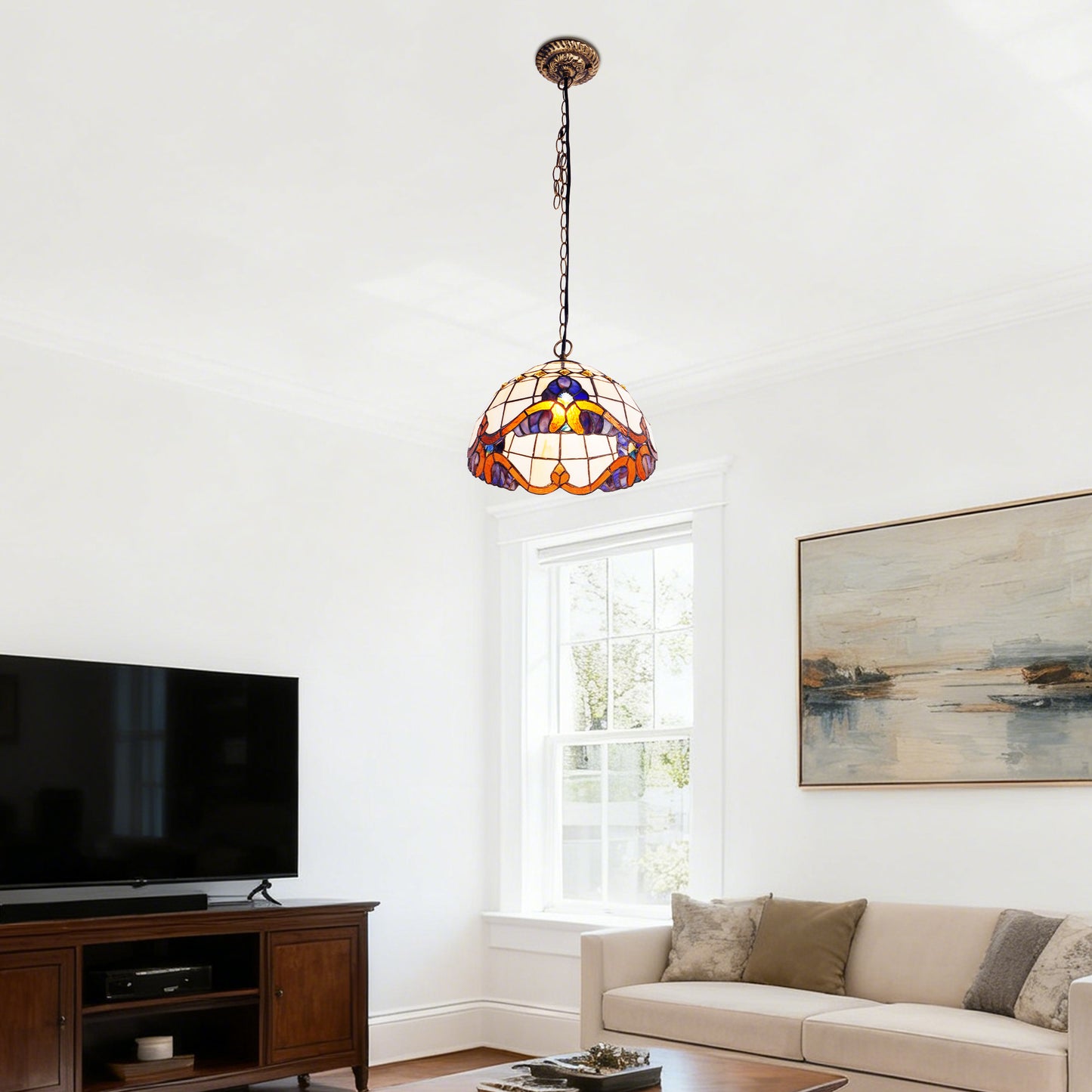 Stained Glass Vintage Style Pendant Light, 11.8 Inch Hanging Lamp with E26 Base, Bronze Finish Ceiling Pendant Lighting